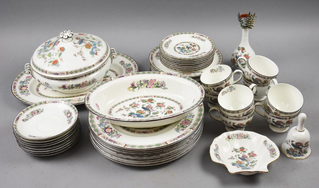 1971-1998 Wedgwood Kutani Crane China Service: These beautiful pieces of china are from Wedgwood. The pattern is Kutani Crane that was produced from 1971 to 1998. Design is a pair of cranes among flowers and bamboo. Each is nicely marked on back. 