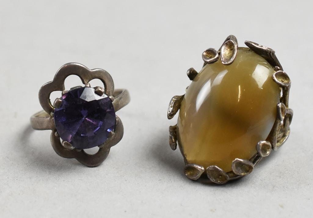 Pair Vintage Sterling Lab Alexanderite & Agate Rings (1 of 6)