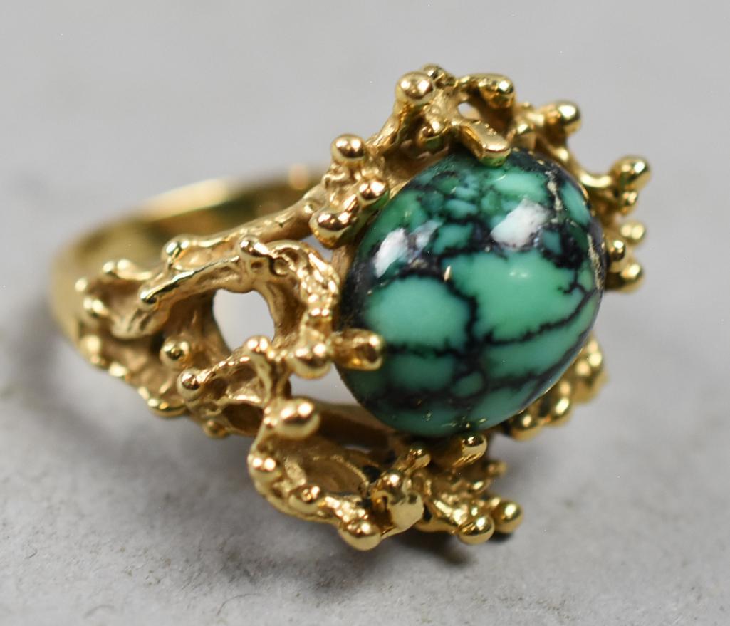 Vintage 14K Abstract Green Cabochon: Beautiful ring that is abstract gold resembling nuggets. Center stone is a cabochon green stone, possible turquoise or a botryoidal stone. Marked inside the band with 14K and the maker WS with center 