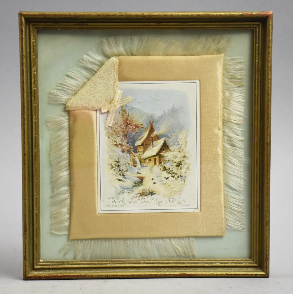 c1880 Victorian Silk New Years Greeting Card, Framed (1 of 4)