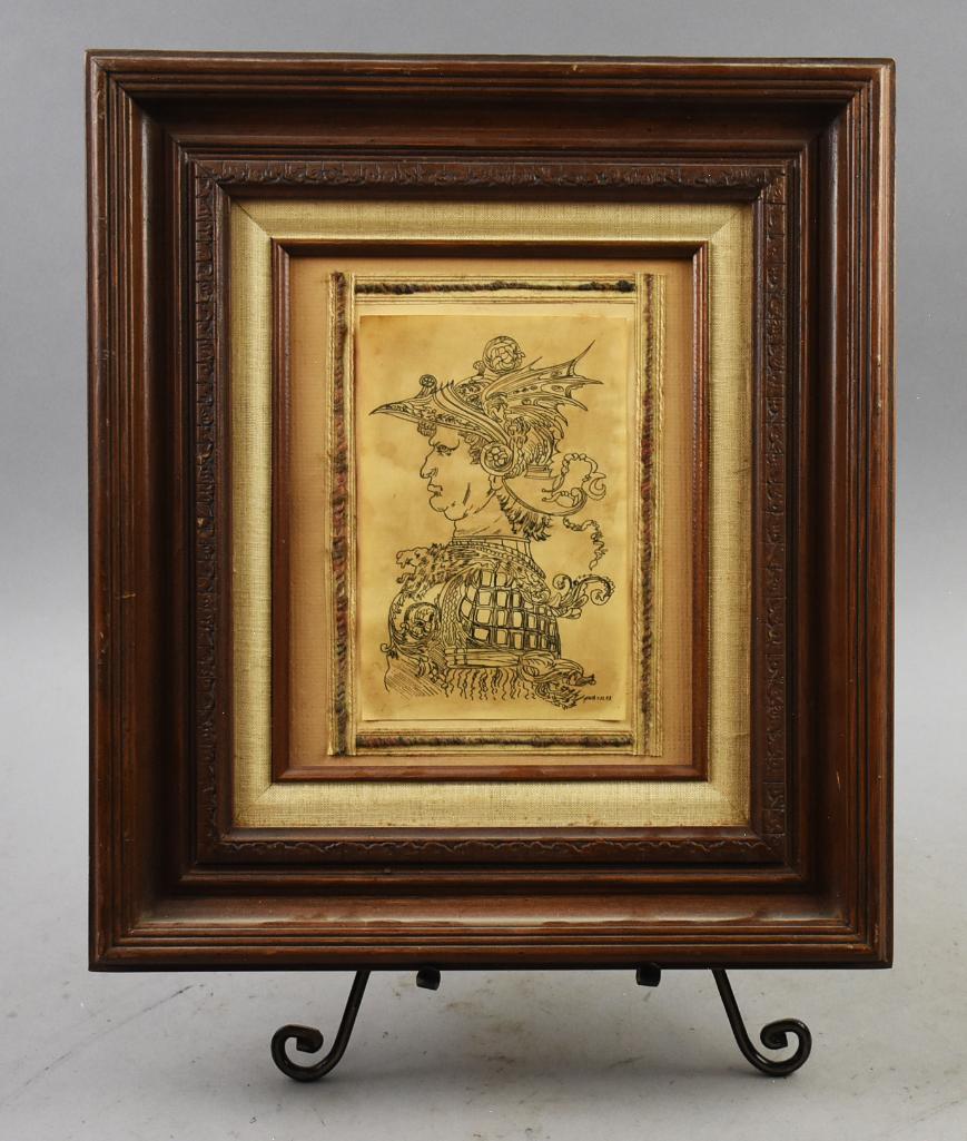 1973 After Da Vinci Portrait of a Warrior: This is a pretty good likeness of Leonard Da Vinci's original Portrait of a Warrior". Profile bust of a captain wearing a winged helmet and suit of armor. Originally drawn by Da Vinci c1472. F