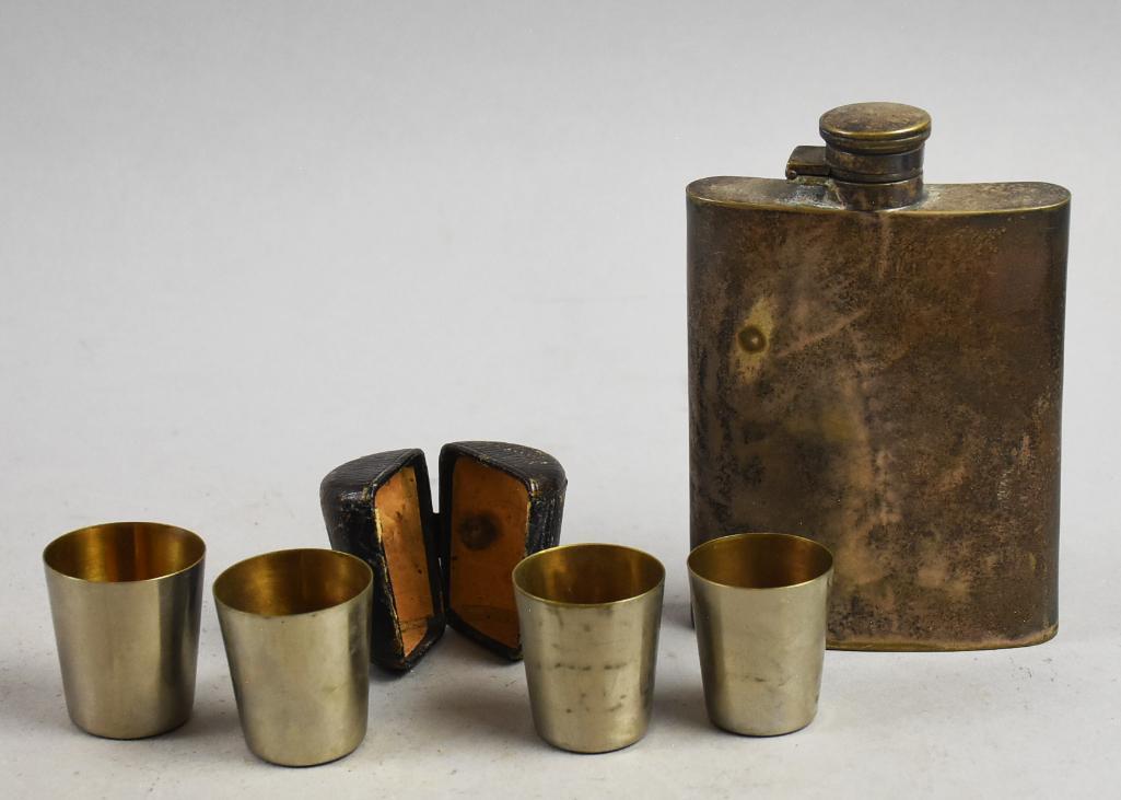 Antique Silver Plate Flask/Shot Glasses in Leather Case (1 of 7)