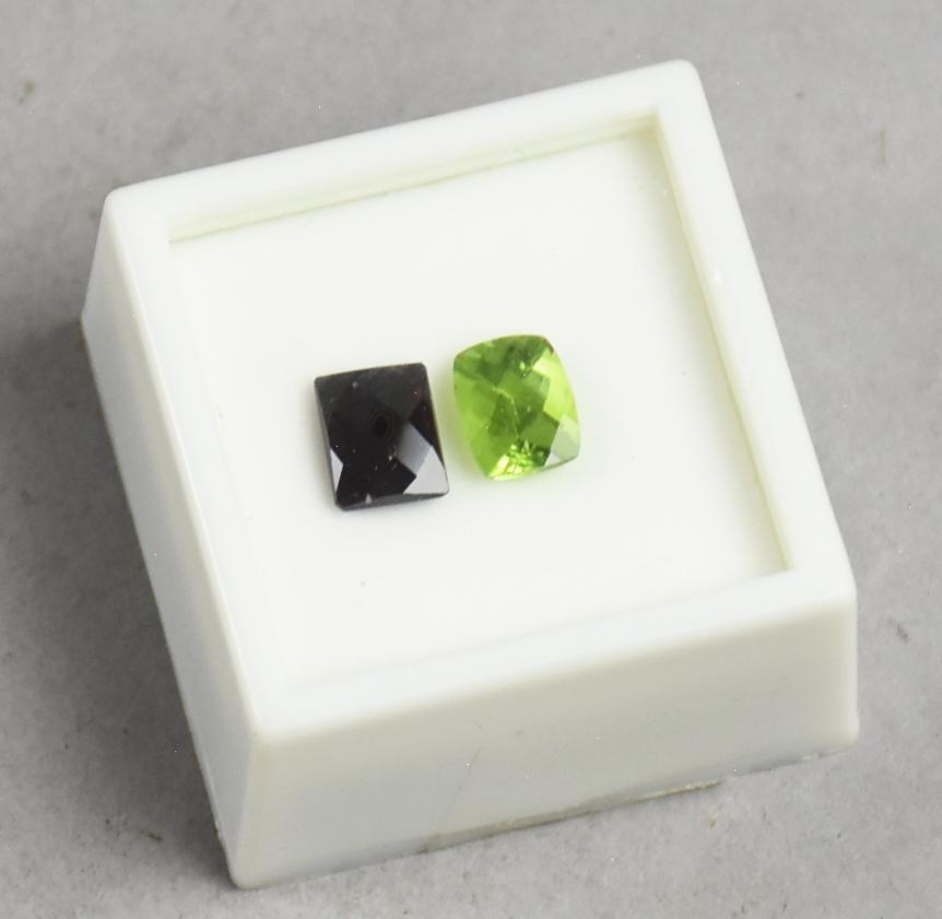 2 CT Checkerboard Peridot, 9x7MM Rubelite: Beautiful faceted checkerboard pattern Peridot gem & square faceted Rubelite garnet.