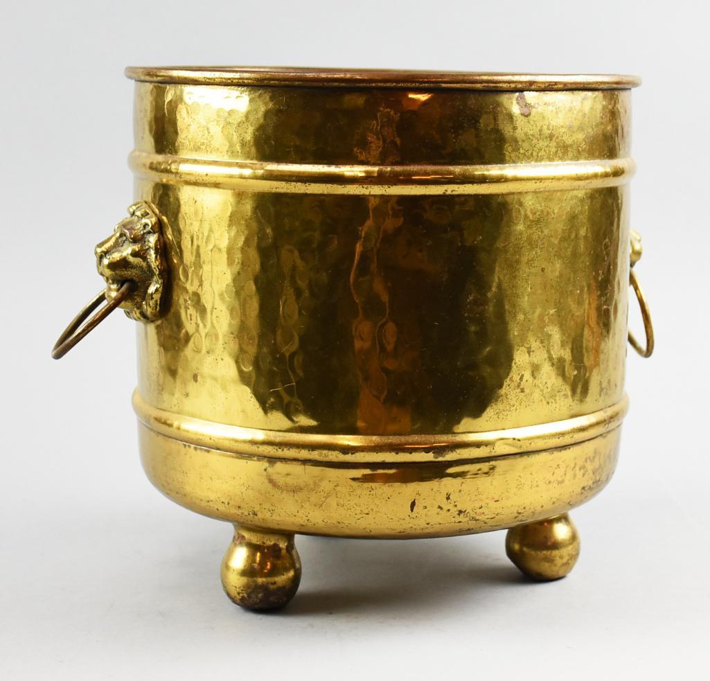 Vintage Hammered Brass Footed Planter, Lion Handle (1 of 6)