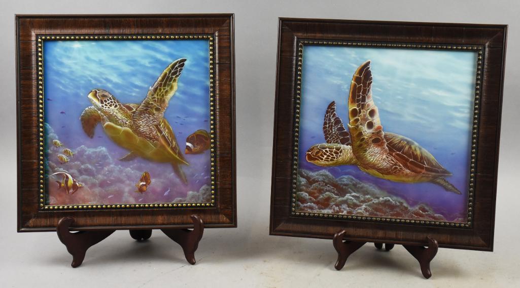 Authentic Reproduction Sea Turtle Artwork: These wonderful reprints are signed and authenticated by the artist, illegible. Both are sea turtles and are bold and bright in color. Both are authorized reproductions with one having a copy of the C