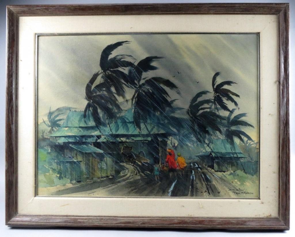 Frank M. Hamilton (1930-1999) California Artist Oil: Beautiful painting by Frank M. Hamilton (1930-1999) entitled "Jamaican Rains". This oil on canvas in rich colors measures approx 22 1/2" x 30 1/2" and is framed in a deep dark frame measuring approx 3
