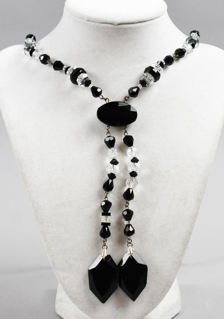 Vintage Czech Black Crystal Necklace & Brooch: Wonderful jewelry pieces of costume jewelry that includes a nice vintage cut black and clear crystal necklace with Czecho-slov on the clasp. Comes with a pretty black and clear AB crystal brooch, unma