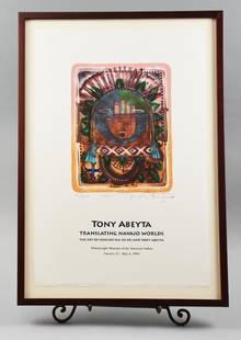 Tony Abeyta (1965) Navajo Artist-Signed/Numbered Poster: Translating Navajo Worlds poster from 1994. Artwork on the poster is from artist Tony Abeyta. Hand signed and numbered XI/XXV. It has been framed and measures 18 x 25.5, image measures 15 x 22.5