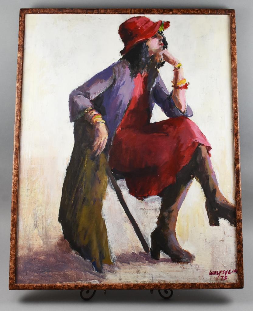 1973 Wolfstein Impressionist Painting, Seated Woman: Beautiful seated woman painting signed Wolfstein with a date that appears to be 1973. When painted, she was wearing all the right fashions which isn't much different that today's styles. She is framed