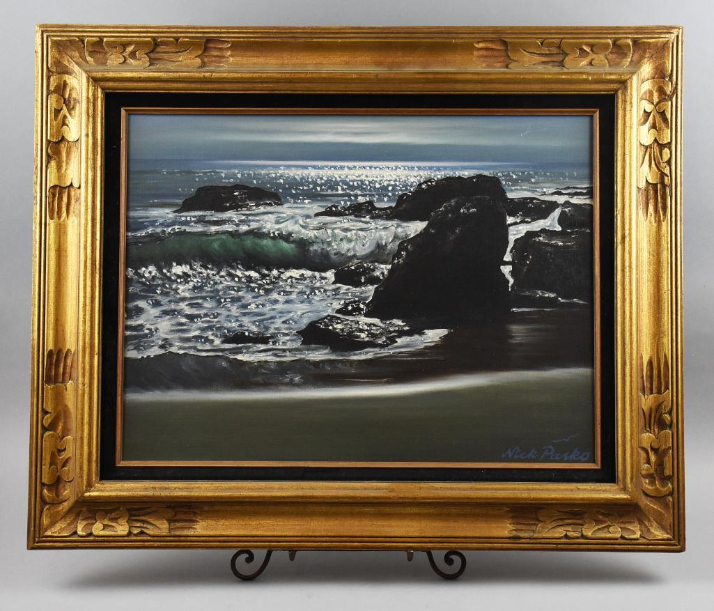 Nick Pasko Seascape, Oil on Canvas: Beautiful painting signed by artist Nick Pasko. Seascape with crashing waves into rock formations. Frame measures 26 x 32, image measures 17.5 x 23.5