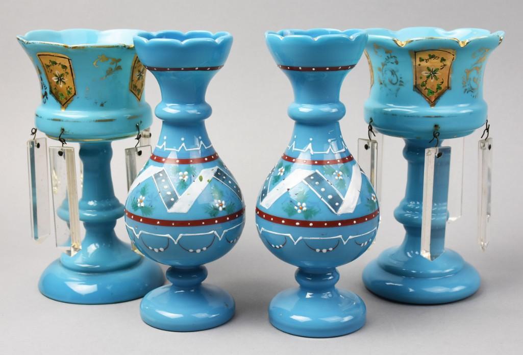 Victorian Blue Opaque Lusters & Vases (1 of 4)