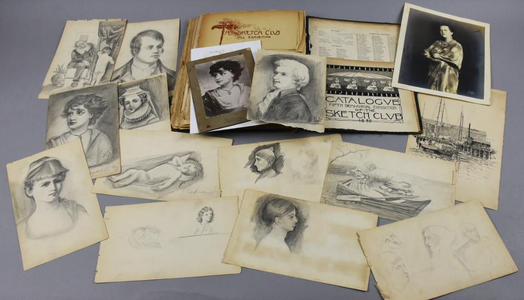 Bertha Stringer Lee (1869-1937) CA, Personal Sketchbook: This wonderful find is an antique scrapbook that belonged to California impressionist landscape artist Bertha Stringer Lee (1873-1937). Page after page is filled with loose sketches, news clippings, a