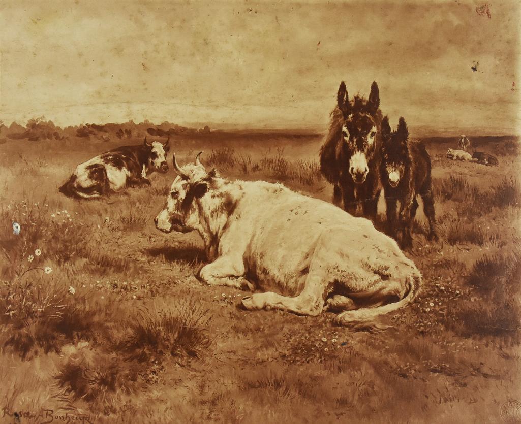 Rosa Bonheur (1822-1899) French/American Painter: This cool piece is a print after France born artist Rosa Marie (Rosalie) Bonheur. This has an embossed stamp with hollywood prints on the bottom. Has a study for a head on the back. Ms Bonheur is well