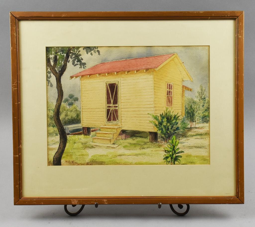 Manuel G. Runyan (1872-1954) American Landscape Artist: This great looking painting is by Alabama born American artist Manuel Runyan, well known in the Pensacola, Florida. Watercolor appears to be a Florida home on stilts and foliage. Signed in lower left 