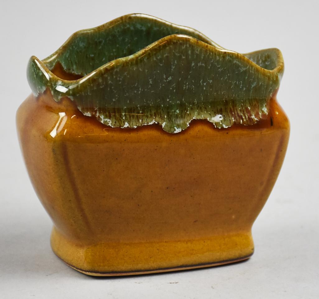 c1960 Anna Van Van Briggle Pottery Vase: Wonderful vintage Van Briggle vase signed Anna Van Colo Spgs. Brown glaze with green drip. Measures approx 4" tall x 2" x 4" Anna Van Briggle died in 1929, this pottery line, signed Anna Van was crea