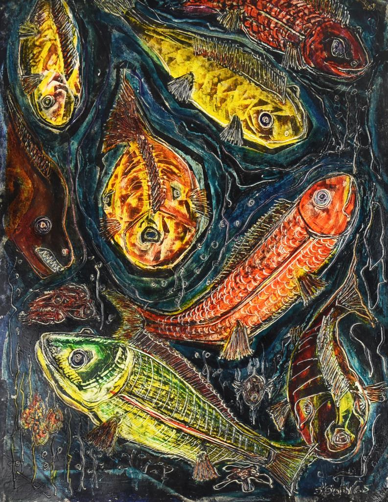 Spencer Bisby (1908-1989) California Artist MCM: This cool fish painting is from listed California artist Spencer Bisby (1908-1989). Interesting design is layered and then incised to bring out the colors. Titled on back Aquarium #3. Piece is signed 