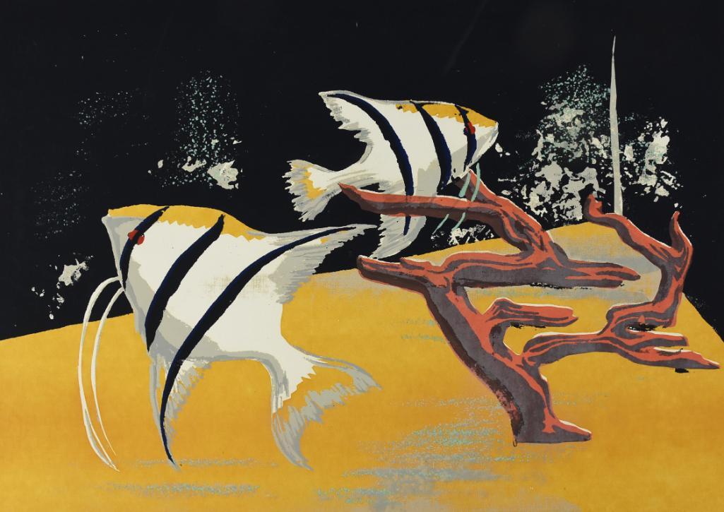 Vina Jane Cames (1908-1971) Woodblock MCM: Fun fish limited run woodblock print from California artist Vina Jane Cames (1908-1971). Print is striped tropical fish, hand signed in lower right, dated 1953 and the title Aquarium #1. Measures 20" 