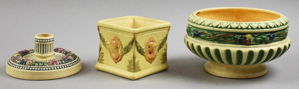 Antique Arts & Crafts Weller & Roseville Art Pottery: Wonderful art pottery from Roseville and Weller. The Weller pieces are Roma Cameo square vase, c1920 and Florala candlestick holder, 1915-20. Roseville is Corinthian urn planter from 1923 which is unm