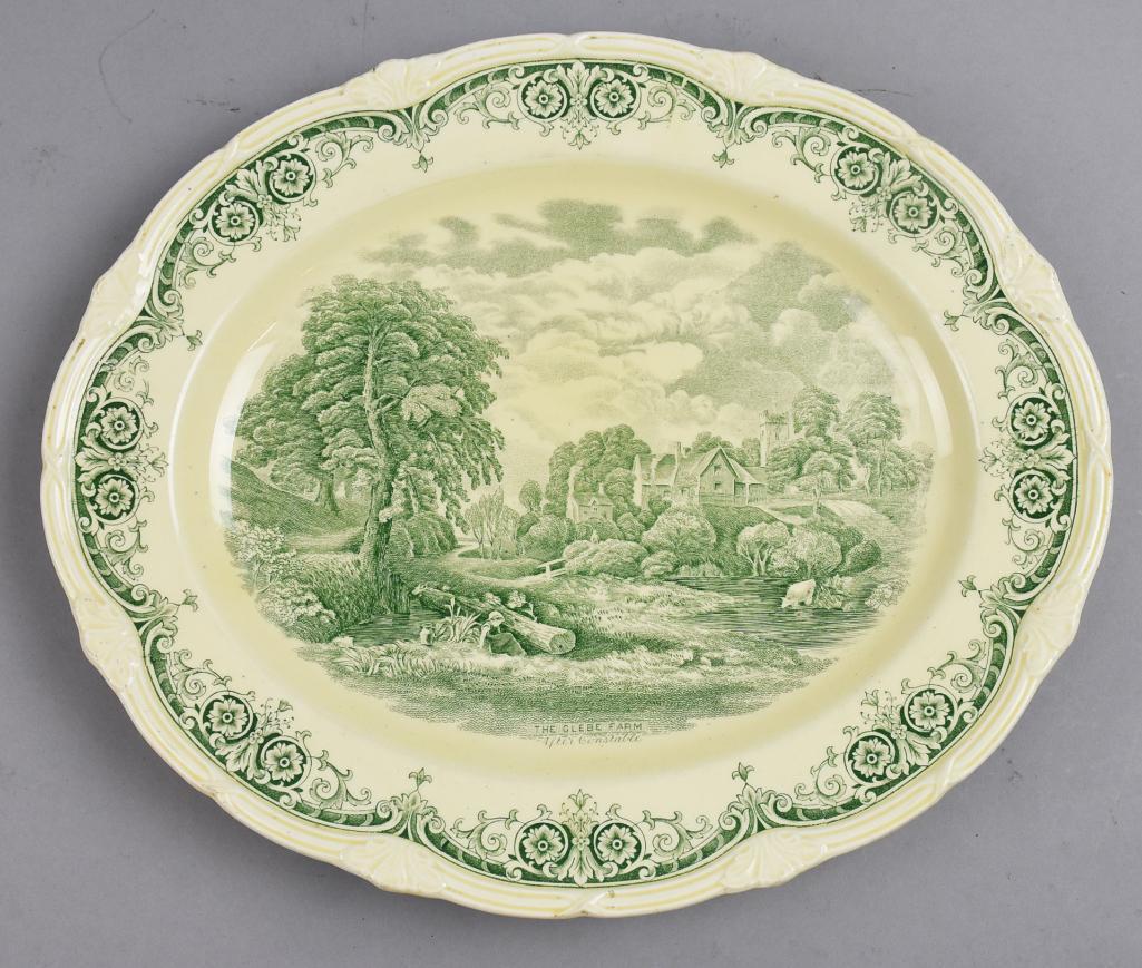 Antique Grindley Platter, Green Scenes After Constable: Very scarce Grindley 14" x 12" platter. The pattern is Scenes After Constable with the front design being The Glebe Farm. It is a very hard color and piece to find. Well marked on the bottom.