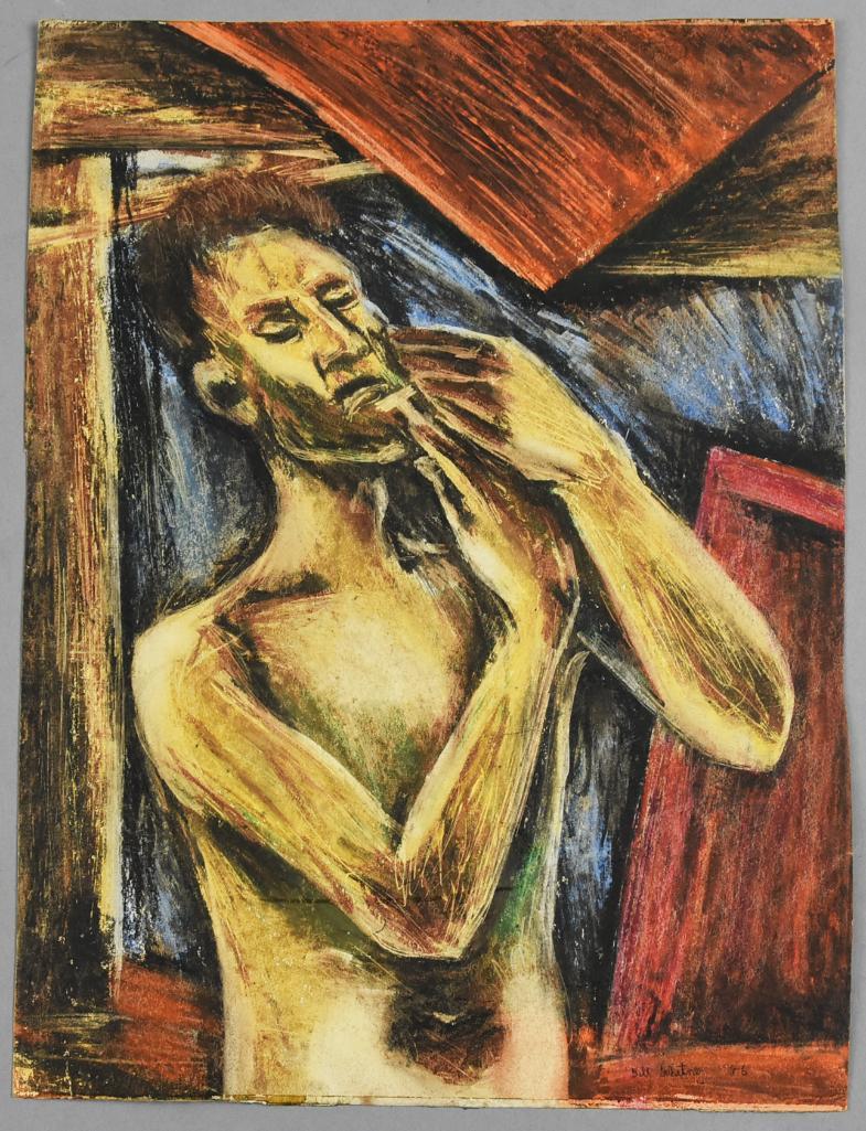 Bill William Whitney (1921-1985) Olivet Art Professor MCM: Very cool pastel artwork believed to be from Bill Whitney (1921-1985), an art professor at Olivet College (1959-1979). Dated 1946, featuring a shaving man, could it be a self portrait? Signed lower le