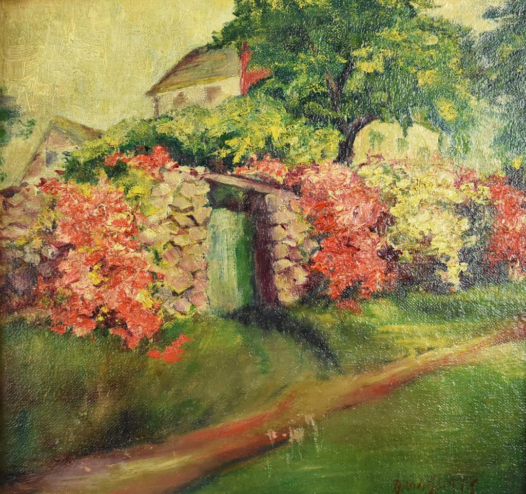 Bertha Walker Glass (1879-1971) Landscape/Coastal Art: This is a wonderful painting by Massachusetts/California artist Bertha Walker Glass (1879-1971). Impressionist style oil on canvas of a rural home behind a flower covered rock wall. Signed BW Glass in