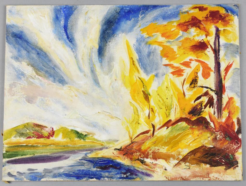 Beatrice Ullrich Zuckerman (1907-1987) California: This is a great painting by listed artist Beatrice Ullrich Zuckerman (1907-1987). This oil painting is titled "October First" and is an impressionist abstract landscape. Attached to the back is the pr
