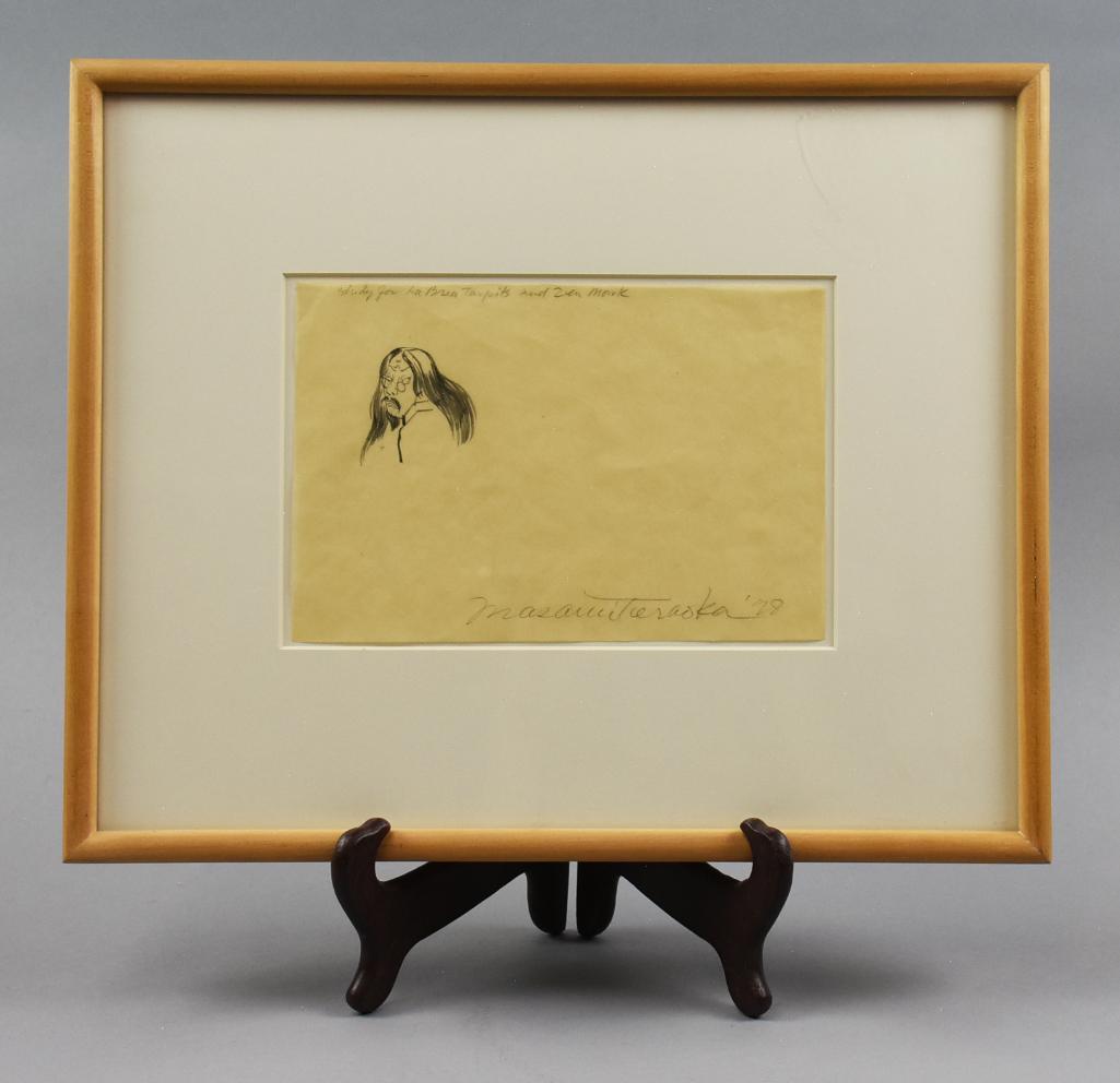 Masami Teraoka (b1936) Japanese/American Drawing: This cool piece is a self portrait of Masami Teraoka (b1936), a Japan born American artist. This ink on paper piece from 1978 is called "Study for La Brea Tar Pits and Zen Monk (Self Portrait) which i