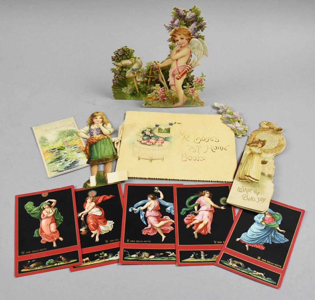 Vintage & Antique Ephemera, Die Cuts, Bookmarks, & Valentine: This is a great lot of fun ephemera that is vintage and antique. Lot includes several Italian artwork postcards, small Victorian books and die cuts that are a bookmark and a greeting card with cupid.