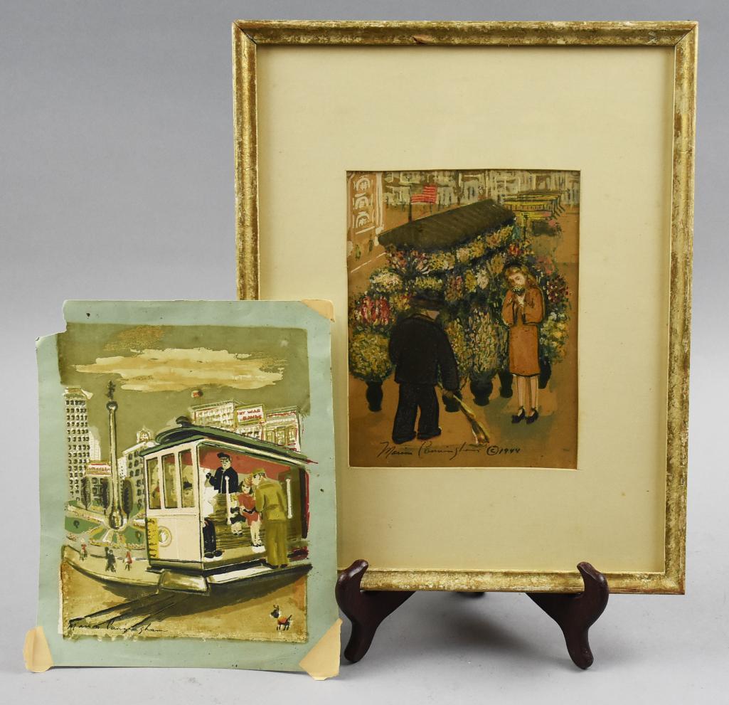 Marion Cunningham (1908-1948) California Artist: Wonderful pair of serigraphs from California artist Marion Osborn Cunningham (1908-1948). Each is most likely a San Francisco scene with one being a lady at a flower cart and the other a cable car, da