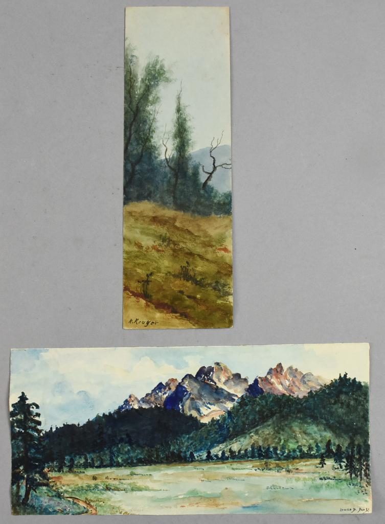 Vintage Watercolor Landscapes, Richard Kruger & Burke: These are very pretty landscape paintings from two different artists. The long one is a hillside with trees and is attributed to Richard Kruger (1875-1965). The other is a field and trees with a mount