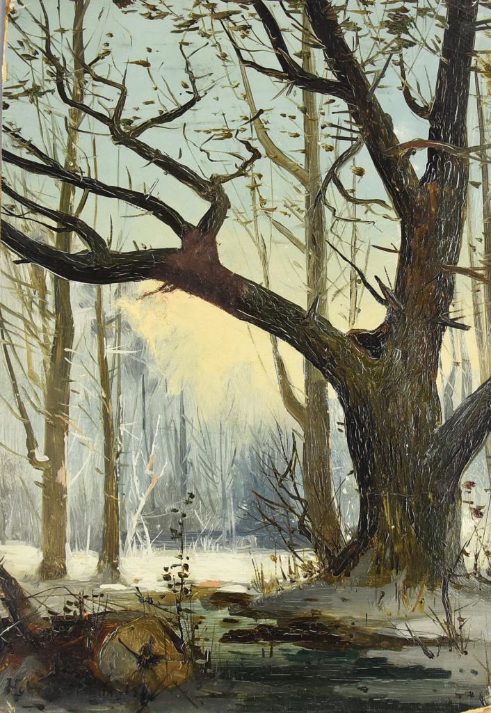 Homer Dodge Martin (1836-1897) American Artist: This gorgeous painting is from American artist Homer Dodge Martin (1836-1897). This winter scene has tall trees very few leaves and a snowy ground and a creek down the middle. It is signed on the lowe