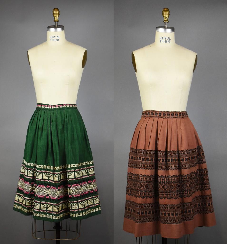 (2) Rare c1950 Disneyland Guatemalan Weavers Skirts: Pretty skirts from the later 1950s, both are believed to be from Disneyland with one retaining the original label. Each hand woven skirt is cotton in traditional patterns. Labels in one skirt, designe