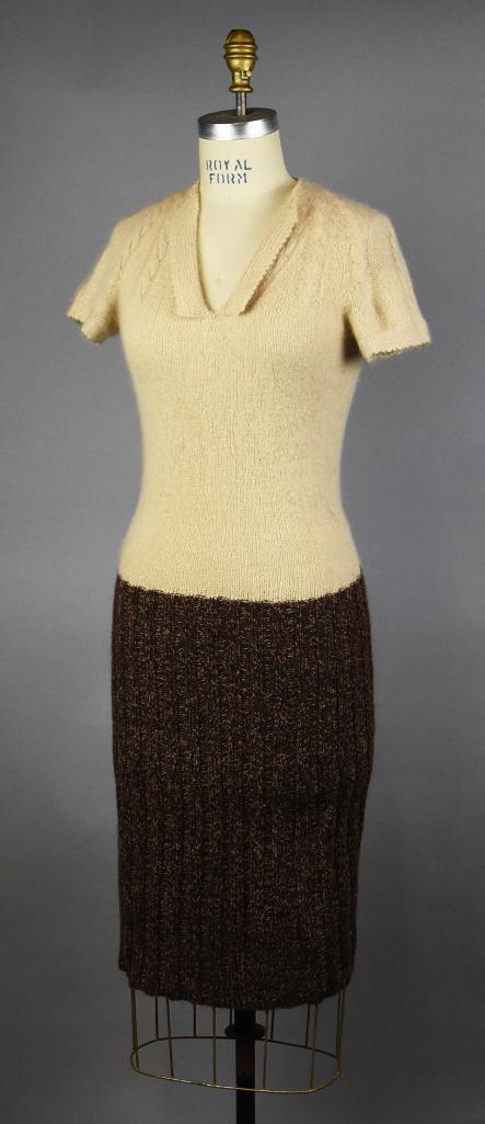 Vintage Two Tone Cashmere One Piece Dress: Gorgeous one piece dress that is two tone, light tan on top and brown blend skirt. Short sleeve with collar and cable knit shoulders. Skirt is ribbed pencil style. No label.