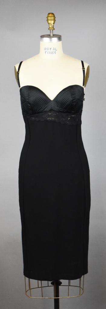 c1990 Versace Jeans Couture LBD, Little Black Dress: Fabulous 1990s dress is Versace Jeans Couture. Little black dress with adjustable straps and a corset style top that is lightly quilted and triangular lace panel. Nylon zipper closure with the Versace