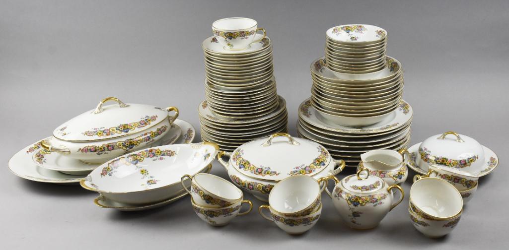 c1950 Thomas Bavaria Asturia China Service for Eight: Fantastic vintage set of porcelain china from Thomas of Bavaria. Pattern is called Asturia with flowers in blue vases with scrolls. Service for eight with extras that include oval servers, tureen, pla