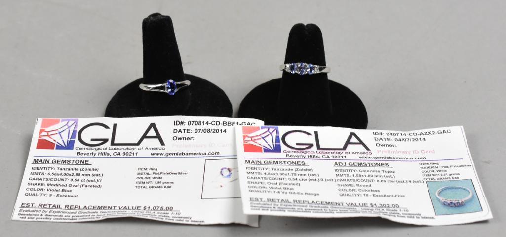 Pair Sterling Tanzanite Rings, w/ GLA Appraisal, Size 7: Pair Sterling Tanzanite Rings, w/ GLA Appraisal, Size 7