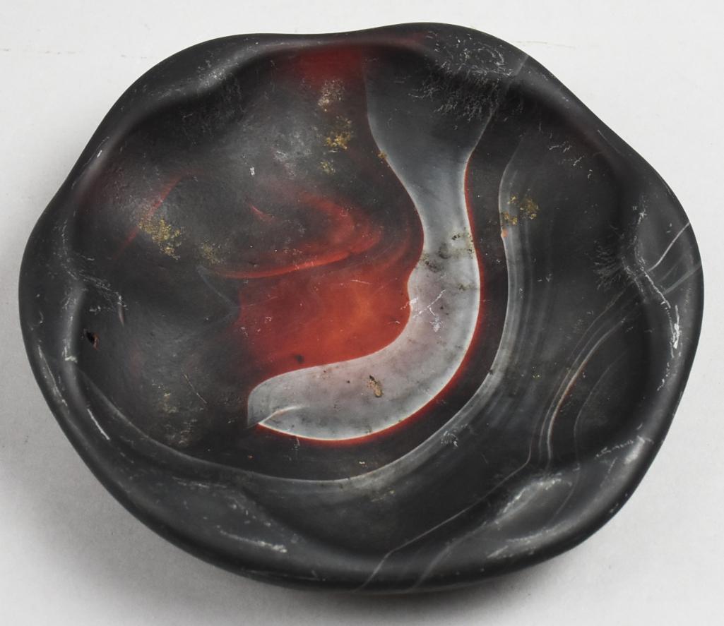 Vintage Translucent Marbleized Art Glass Dish: Very cool and interesting art glass dish. Black and orange marbleized that is translucent, showing the orange well under the right lighting. No visible marks and measures approx 8" across
