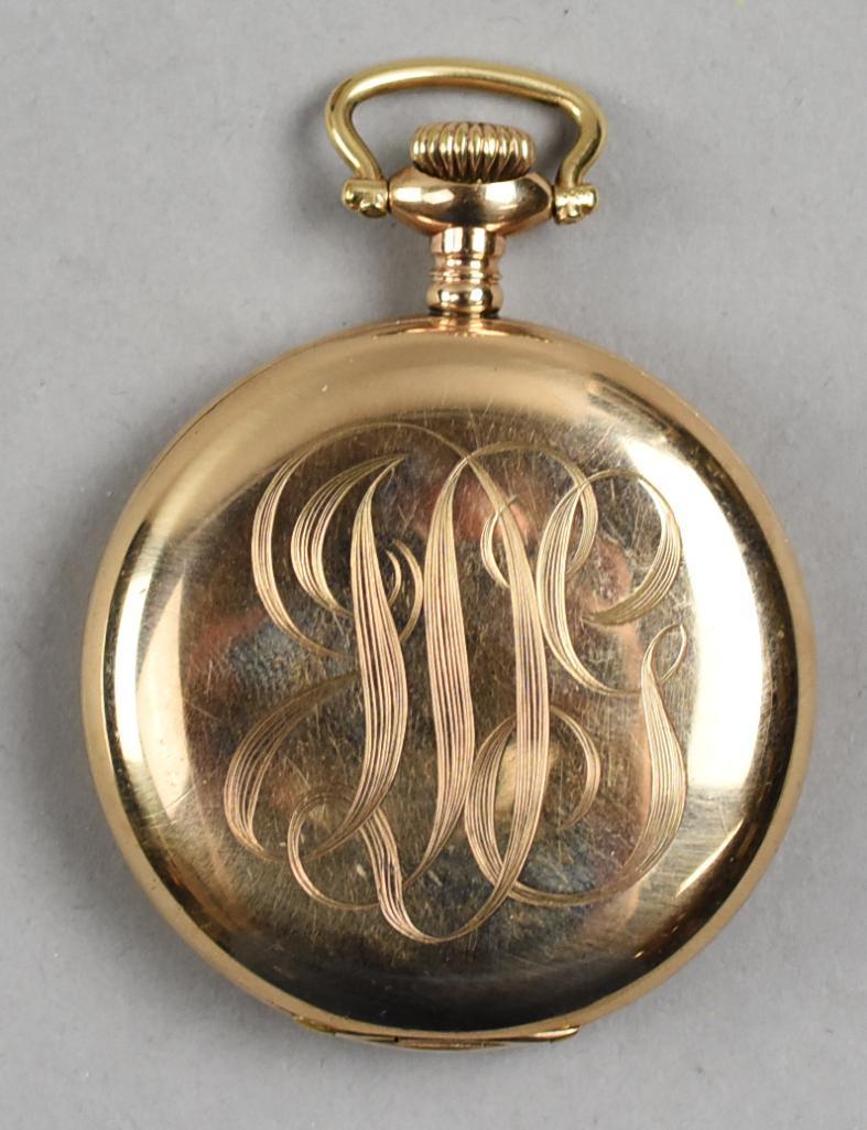 1912 Hamilton Watch Co Pocket Watch, Rolled Gold Case: Great looking pocket watch from Hamilton Watch Co. Serial number is 857270 giving it a production date of 1912. It is 17 jewel, size 16s. Case is a Burlington Watch Co rolled gold case. Engraved as a