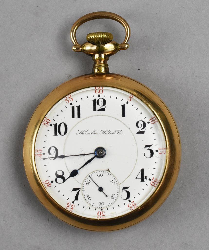 1909 Hamilton Watch Co Pocket Watch - GF: Very nice Hamilton Watch Co pocket watch. Serial number is 622014 giving it a production date of 1909. It is 21 jewel, size 18s. Case is a J. Boss Keystone Watch Case Co. and lightly etched