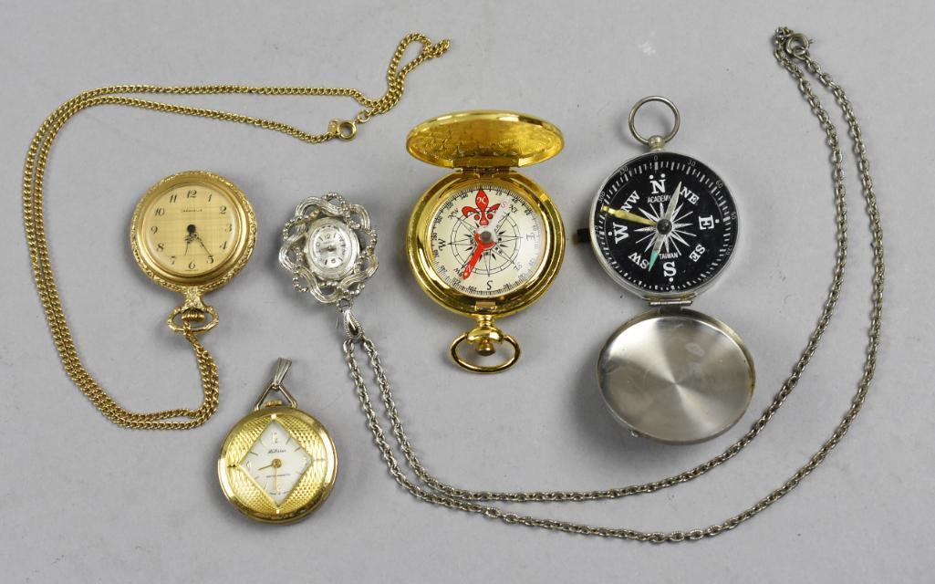 Vintage Watch and Compass Lot: Fun variety of watches and compasses. Lot is three ladies watches: one Nausau necklace watch, one Caravelle pocket watch style necklace and one Webster pocket watch style necklace. Lot includes a coup