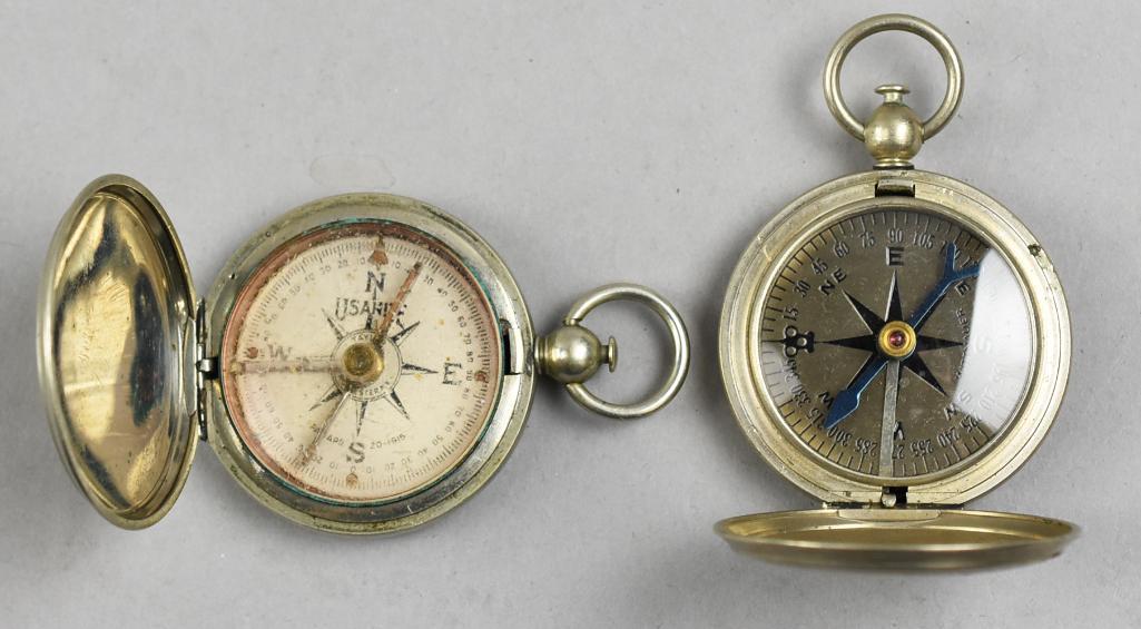 Pair Antique Military Compasses, WWI Era: Both of these appear to be military compasses. One is embossed with Eng Dept. USA 1917, one is embossed U.S. Appear to be possibly nickel or nickel plate.