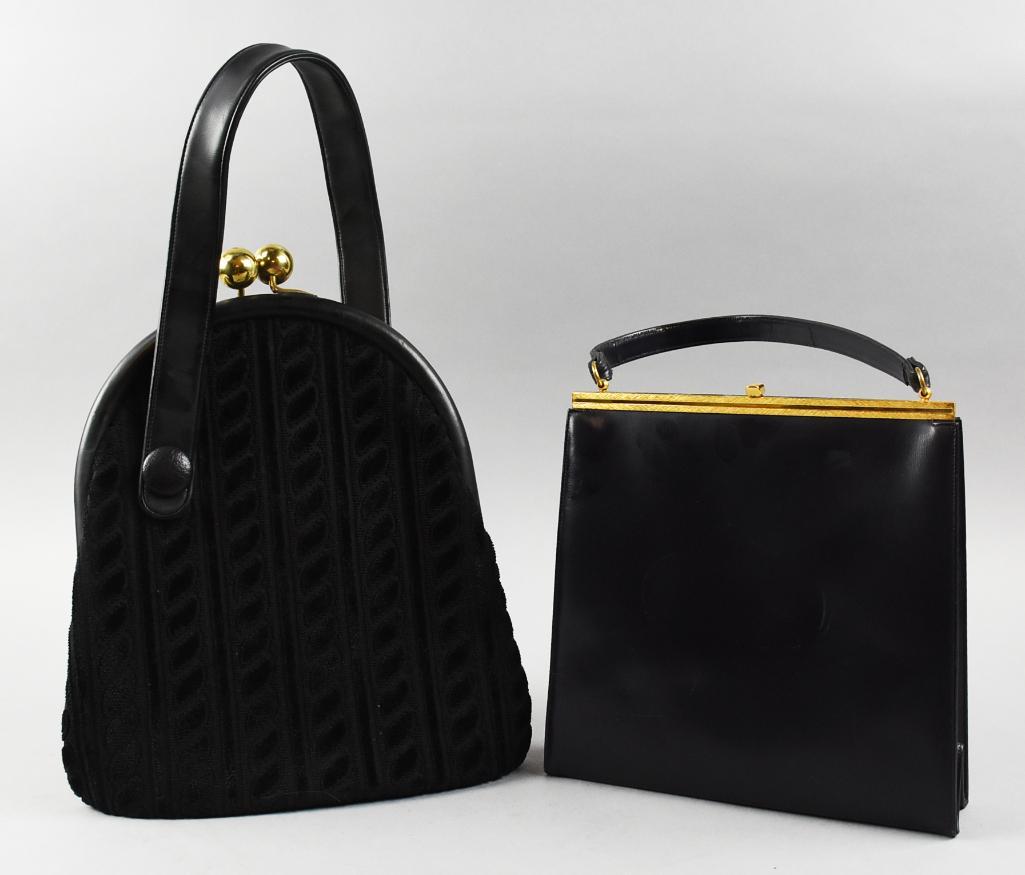 Vintage Coblentz & Ingber Handbags: Cute purses, one cloth sided purse from Coblentz with navy lining and original coin purse inside and locking ball clasp. One Ingber evening bag that appears faux leather, gold tone frame and small