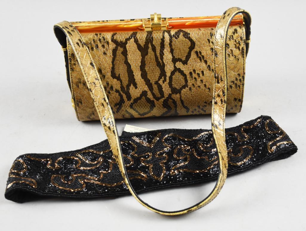 Vintage Python Print Purse, Bead Encrusted Belt (1 of 7)