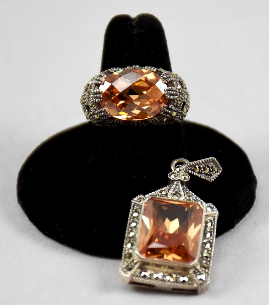 Lovely Hava Sterling & Amber Crystal Ring, Pendant: Just add your own chain and you're all set with this sterling Hava jewelry set. The ring is an amber crystal with the band having criss cross details and adorned with marcasites. Stamped 925, ring is 