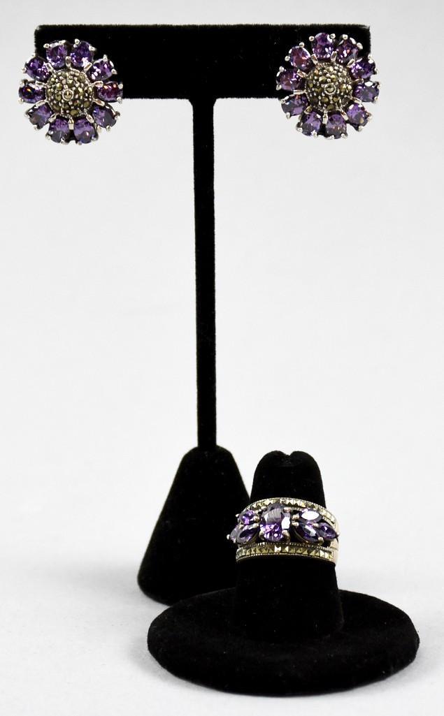 Wonderful Sterling Hava Amethyst AB Crystal Set: This set really sparkles with rich amethyst crystals stones. The ring has an oval center crystal with oblong crystal accents and marcasites encrusted band. Stamped 925, ring is approx size 6 1/2. Clip