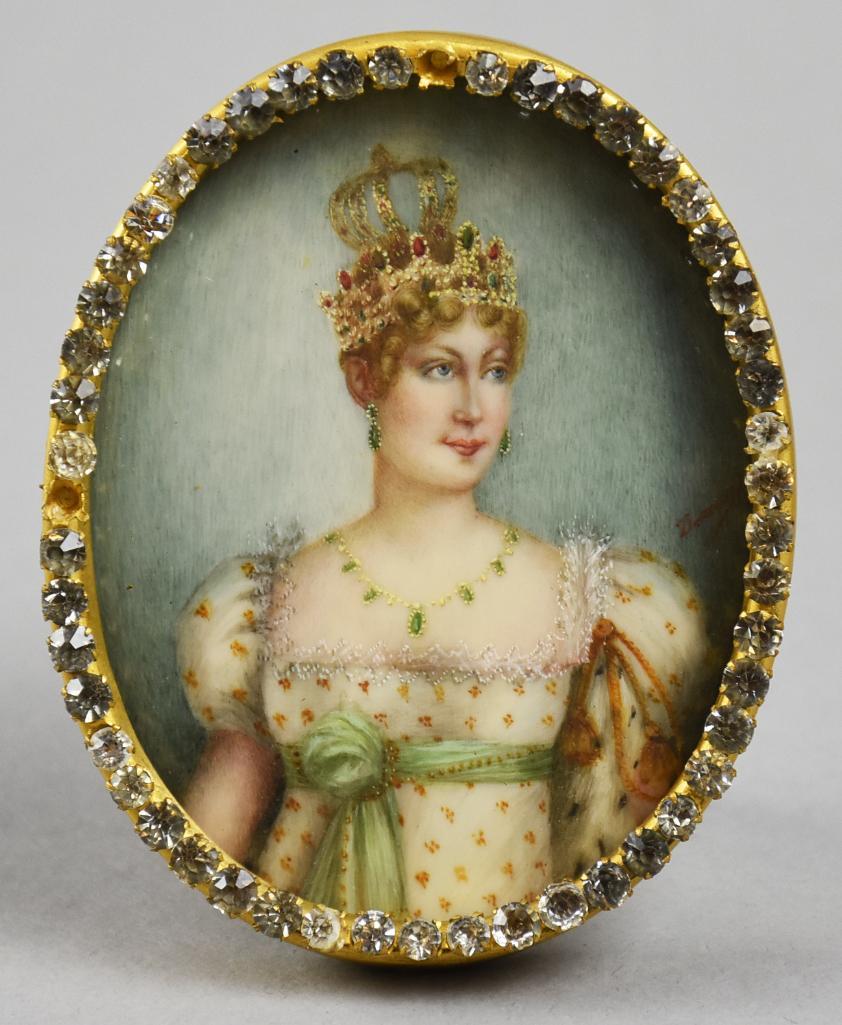Francoise Dumont (1751-1831) Portrait Miniature Dumont: Stunning French portrait painted on natural materials is attributed to Francoise Dumont (1751-1831). This lovely lady appears to be Josephine de Beauharnais, aka Empress Josephine, aka Josephine Bonap