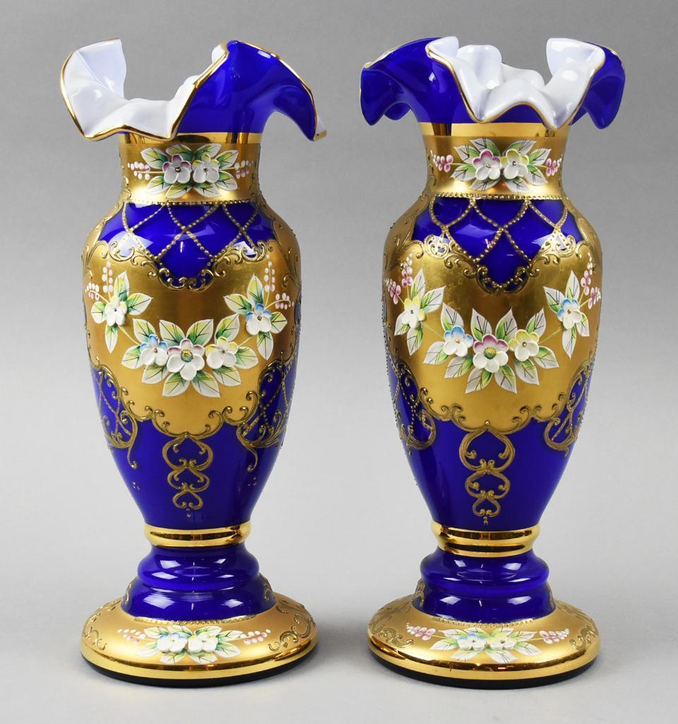 Vintage Czech Bohemian Cobalt Cased, Enameled Glass Vases (1 of 5)