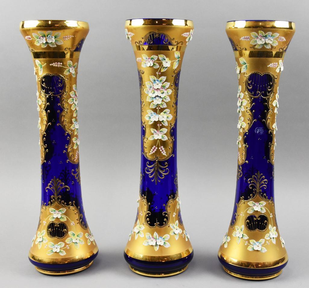 Vintage Czech Bohemian Cobalt Enameled Glass Vases (1 of 5)