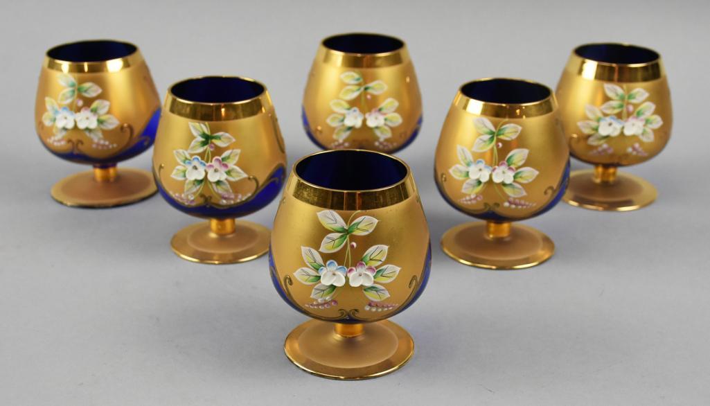 Vintage Czech Glan Bohemia Cobalt Snifters, Enamel & Gilt: These beauties are Czech enameled snifters. Each cobalt glass is hand decorated in enamel and heavy gold gilt. One retains original gold label for Glan Bohemia in Czechoslovakia. All are approx 4" tal