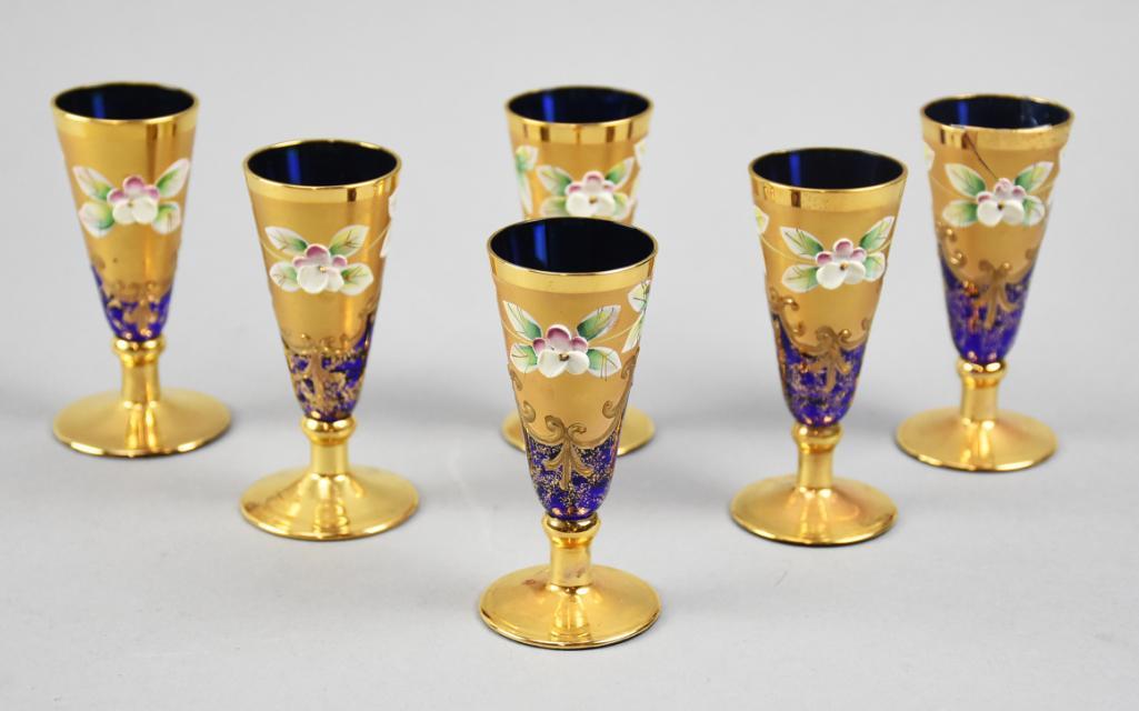 Vintage Czech Bohemian Cobalt Cordial Enameled Glasses, Set of 6 (1 of 7)